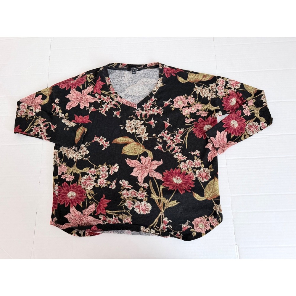 Well Worn Womens Small Floral V-Neck Long Sleeve Knit Top Black Pink Relaxed Fit